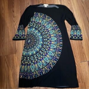 London Times Black & Blue Floral Mandala 3/4 Sleeve Dress Size 8‎ Vintage retro